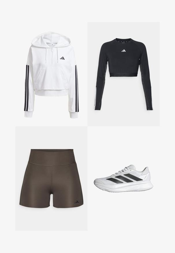 Felpa bianca corta con cappuccio e tasca frontale, dettagli neri a tre strisce sulle maniche e un piccolo logo nero sul petto. Tessuto morbido.; Top da allenamento nero a maniche lunghe e cropped realizzato in tessuto morbido. Presenta un logo bianco sul petto e accenti a righe sulle maniche.; adidas Performance OPTIME RAW CUT HEM - Leggings - shadow olive; Scarpa da ginnastica bianca con tomaia in rete traspirante, tre strisce nere, suola leggera e dettagli testurizzati sul tallone per maggiore supporto.