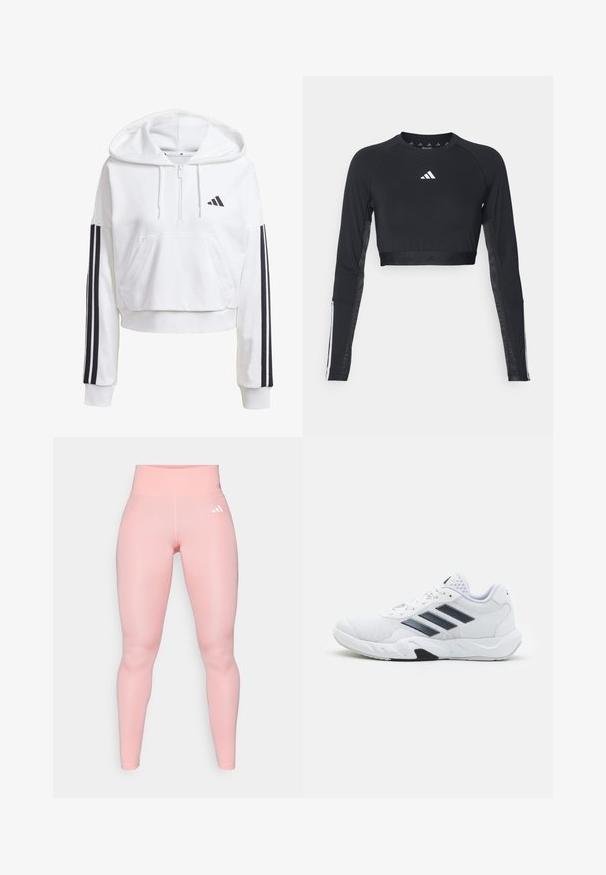 White, cropped hoodie with a front pocket, black three-stripe detailing on sleeves, and a small black logo on the chest. Soft fabric.; Black cropped long-sleeve workout top made of smooth fabric. Features a white logo on the chest and striped accents on the sleeves.; adidas Performance OPT ESS ST 1/1 - Leggings - semi pink spark; White athletic shoe with mesh upper, three black stripes on the side, textured accents, and a sturdy rubber sole with a contrasting black section.