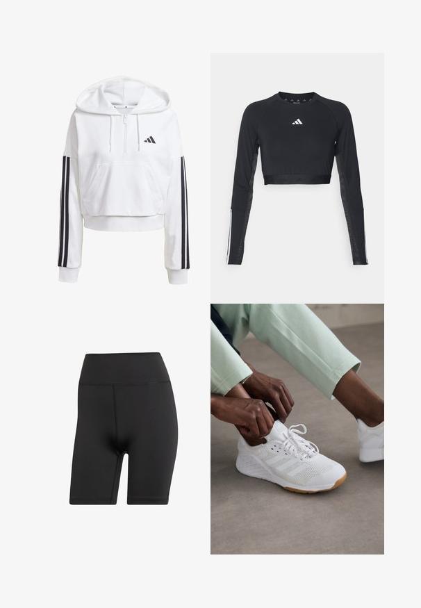Felpa bianca corta con cappuccio e tasca frontale, dettagli neri a tre strisce sulle maniche e un piccolo logo nero sul petto. Tessuto morbido.; Top da allenamento nero a maniche lunghe e cropped realizzato in tessuto morbido. Presenta un logo bianco sul petto e accenti a righe sulle maniche.; Pantaloni corti neri per biciclette realizzati in materiale elasticizzato, con una vita alta e cuciture piatte per comfort e durata.; Scarpa sportiva bianca con tomaia in rete, suola in gomma e design a tre strisce. I lacci vengono regolati; visibili abbigliamento grigio chiaro e verde menta.
