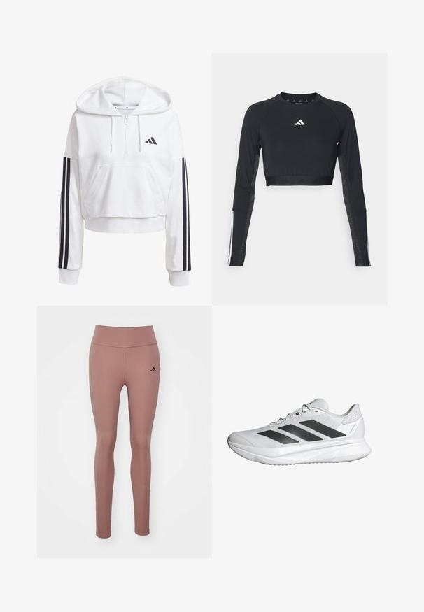 Weißer, verkürzter Hoodie mit einer Fronttasche, schwarzer Dreistreifen-Akzentierung an den Ärmeln und einem kleinen schwarzen Logo auf der Brust. Weicher Stoff.; Schwarzes, verkürztes Langarm-Workout-Oberteil aus glattem Material. Mit einem weißen Logo auf der Brust und gestreiften Akzenten an den Ärmeln.; Rosa Sportleggings aus elastischem Stoff. Hohe Taille mit glattem Textur und kleinem schwarzem Logo an der linken Hüfte.; Weißer Sportschuh mit einem atmungsaktiven Mesh-Obermaterial, drei schwarzen Streifen, leichtem Sohlen und strukturierten Akzenten an der Ferse zur Unterstützung.