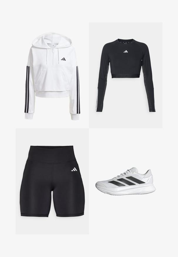Weißer, verkürzter Hoodie mit einer Fronttasche, schwarzer Dreistreifen-Akzentierung an den Ärmeln und einem kleinen schwarzen Logo auf der Brust. Weicher Stoff.; Schwarzes, verkürztes Langarm-Workout-Oberteil aus glattem Material. Mit einem weißen Logo auf der Brust und gestreiften Akzenten an den Ärmeln.; Schwarze Sportshorts aus elastischem Material, mit hohem Bund, glatter Textur und einem weißen Dreistreifen-Logo an der Seite.; Weißer Sportschuh mit einem atmungsaktiven Mesh-Obermaterial, drei schwarzen Streifen, leichtem Sohlen und strukturierten Akzenten an der Ferse zur Unterstützung.