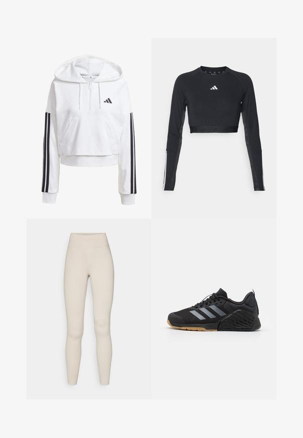 Valkoinen, lyhyeksi leikattu huppari, jossa on etutasku, mustat kolmonen-raita yksityiskohdat hihoissa ja pieni musta logo rinnan kohdalla. Pehmeä kangas.; Mustahattu musta pitkähihaiseksi treenipaidaksi, joka on valmistettu sileästä kankaasta. Paidassa on valkoinen logo rinnassa ja raidalliset yksityiskohdat hihoissa.; Vaaleanbeige aktiiviset legginsit, joissa on korkea vyötärö, sileä pinta ja vartalonmyötäinen muotoilu. Ominaisuuksiin kuuluu minimaalinen ommeltyyli ja ei näkyvää brändäystä.; Musta urheilukenkä, jossa on verkkomateriaali päällisessä, harmaa kolmiraidallinen kuvio, kumipohja sekä teksturoidut yksityiskohdat kantapäässä ja sivuilla.