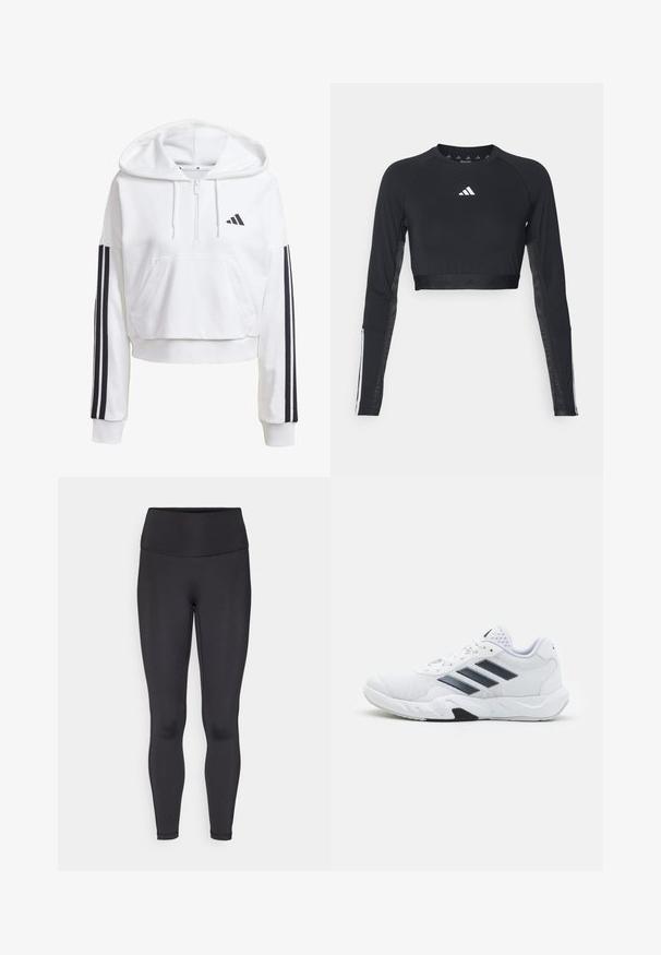 Witte, korte hoodie met een voorkennis, zwarte drie-streepdetails op de mouwen en een klein zwart logo op de borst. Zachte stof.; Zwart geknipt langemouwen workout top van gladde stof. Bevat een wit logo op de borst en gestreepte accenten op de mouwen.; Zwarte leggings met een hoge tailleband, gemaakt van rekbaar materiaal. Gladde textuur zonder zichtbare patronen of accenten. Strakkend ontwerp.; Witte sportieve schoen met een bovenwerk van mesh, drie zwarte strepen aan de zijkant, gestructureerde accenten en een stevige rubberen zool met een contrasterend zwart gedeelte.