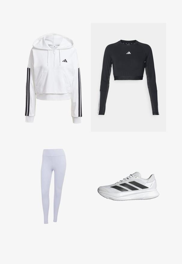 White, cropped hoodie with a front pocket, black three-stripe detailing on sleeves, and a small black logo on the chest. Soft fabric.; Black cropped long-sleeve workout top made of smooth fabric. Features a white logo on the chest and striped accents on the sleeves.; Light purple leggings made of stretchy fabric. High-waisted design with a smooth texture and no visible seams or patterns.; White athletic shoe with a breathable mesh upper, three black stripes, lightweight sole, and textured accents on the heel for support.