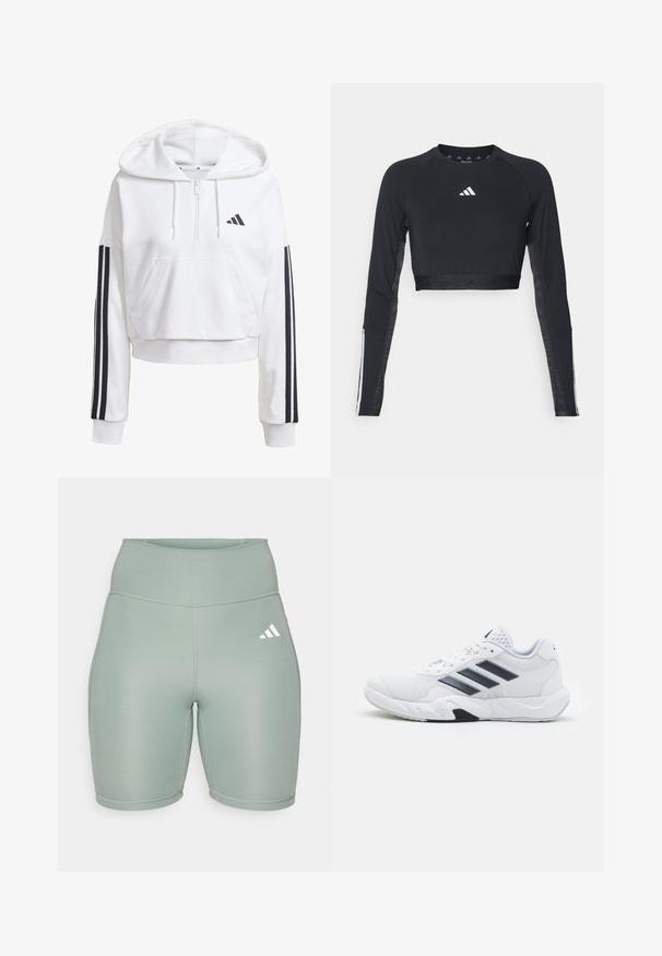 Biely, skrátený hoodie s predným vreckom, čierne trojpruhové detaily na rukávoch a malým čiernym logom na hrudi. Mäkka tkanina.; Čierny krátky športový top s dlhým rukávom vyrobený z hladkej textílie. Obsahuje biele logo na hrudi a pruhované detaily na rukávoch.; Svetlozelené športové šortky s vysokým pásom, vyrobené z elastickej tkaniny, s plochými švami a bielym logom na ľavej strane.; Biele športové topánky s ventilovaným vrchom, tromi čiernymi pruhmi po stranách, textúrovanými akcentmi a pevným gumovým podošvom s kontrastnou čiernou časťou.