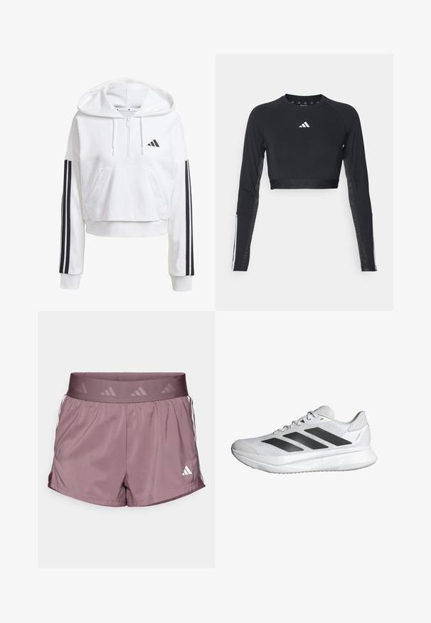 Bijela, skraćena kutija s kapuljačom, prednjim džepom, crnom trostrukom prugom na rukavima i malim crnim logotipom na prsima. Mekani materijal.; Crni skraćeni dugosleevetop za vježbanje izrađen od glatke tkanine. Ima bijeli logo na prsima i prugaste detalje na rukavima.; adidas Performance HYPERGLAM SHORT - Sportske kratke hlače - shadow fig/white; Bijela atletik cipele s prozračnom mrežastom gornjištu, tri crne pruge, laganom potplatu i teksturiranim detaljima na peti za podršku.