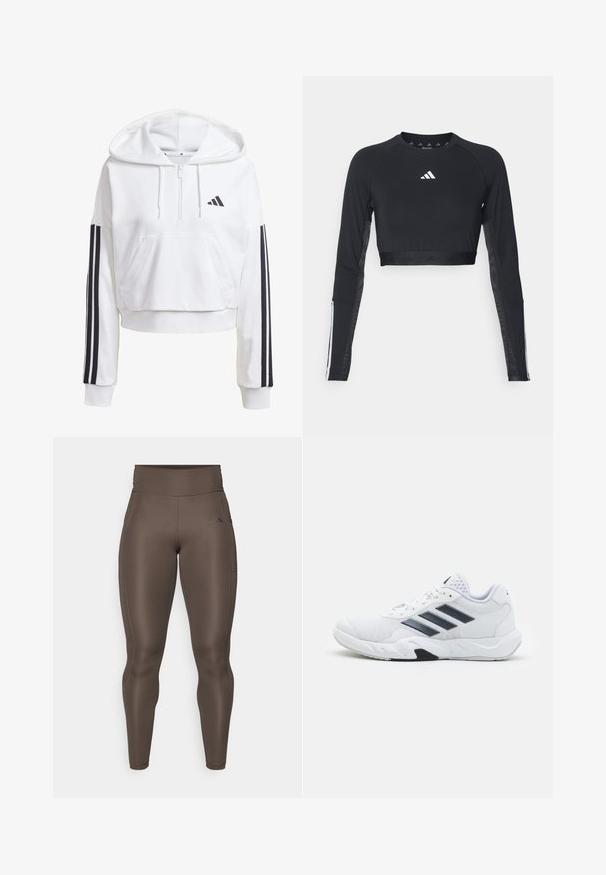 White, cropped hoodie with a front pocket, black three-stripe detailing on sleeves, and a small black logo on the chest. Soft fabric.; Black cropped long-sleeve workout top made of smooth fabric. Features a white logo on the chest and striped accents on the sleeves.; Brown athletic leggings with a high waist, smooth texture, side pocket, and subtle logo detail. Form-fitting design for comfort and movement.; White athletic shoe with mesh upper, three black stripes on the side, textured accents, and a sturdy rubber sole with a contrasting black section.