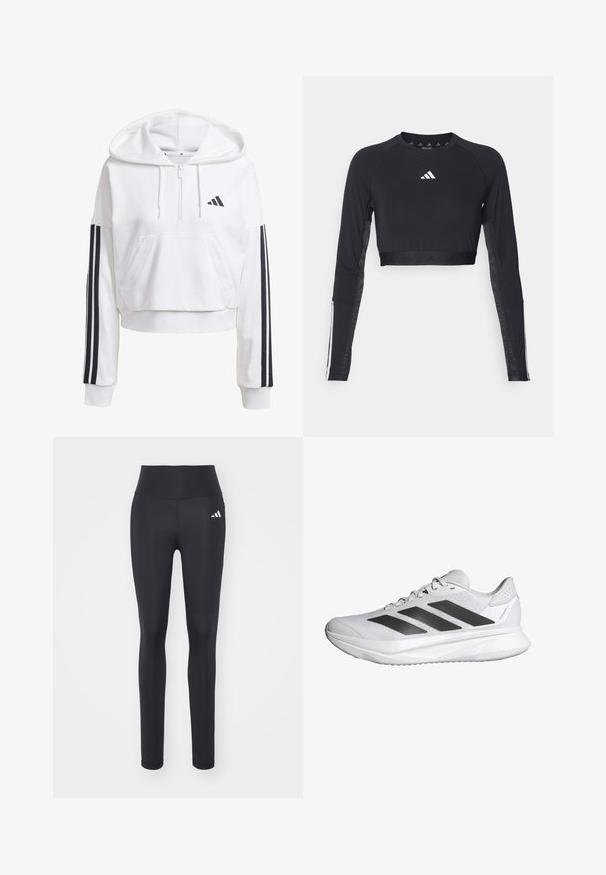 White, cropped hoodie with a front pocket, black three-stripe detailing on sleeves, and a small black logo on the chest. Soft fabric.; Black cropped long-sleeve workout top made of smooth fabric. Features a white logo on the chest and striped accents on the sleeves.; Black athletic leggings made of stretchy fabric, featuring a high waistband and a white brand logo on the left hip.; White athletic shoe with a breathable mesh upper, three black stripes, lightweight sole, and textured accents on the heel for support.