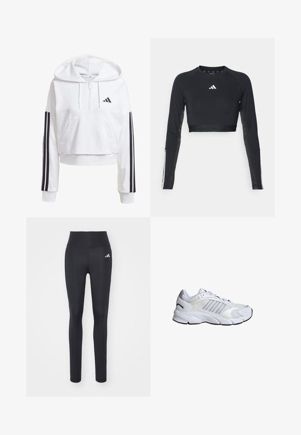 Hvid, cropped hoodie med en frontlomme, sort tre-stribe detaljer på ærmerne og et lille sort logo på brystet. Blødt stof.; Sort cropped træningstop med lange ærmer lavet af glat stof. Har et hvidt logo på brystet og stribede detaljer på ærmerne.; Sorte atletiske leggings lavet af strækbart materiale, med høj talje og et hvidt mærke-logo på venstre hofte.; Hvide sportsko i åndbart mesh og syntetiske materialer, med tre sølvstriber, struktureret gummisål og polstret krave.