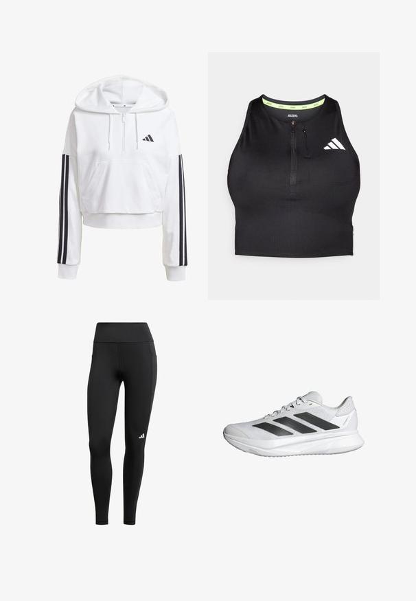 Felpa bianca corta con cappuccio e tasca frontale, dettagli neri a tre strisce sulle maniche e un piccolo logo nero sul petto. Tessuto morbido.; Top sportivo cropped nero con zip sul davanti, realizzato in tessuto morbido. Presenta un colletto interno verde e un logo bianco di lato.; Leggings sportivi neri con vita alta, realizzati in tessuto elasticizzato; presentano una tasca laterale e un piccolo logo bianco vicino all'orlo.; Scarpa da ginnastica bianca con tomaia in rete traspirante, tre strisce nere, suola leggera e dettagli testurizzati sul tallone per maggiore supporto.