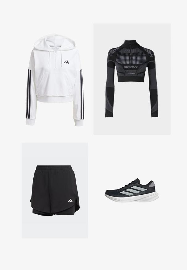 Weißer, verkürzter Hoodie mit einer Fronttasche, schwarzer Dreistreifen-Akzentierung an den Ärmeln und einem kleinen schwarzen Logo auf der Brust. Weicher Stoff.; Schwarzes, kurzes Sportoberteil mit langen Ärmeln, hohem Kragen, einem halben Reißverschluss, strukturierten Einsätzen sowie kontrastierenden grauen Linien und Akzenten.; Schwarze Sportshorts mit elastischem Bund, geschichteter Optik, inneren enganliegenden Shorts und einem weißen Logo auf der unteren linken Seite.; Schwarzer Laufschuh mit Mesh-Obermaterial, drei silbernen Streifen, weißer Zwischensohle und strukturiertem Außensohle. Verfügt über einen gepolsterten Schaft und eine Schnürung.