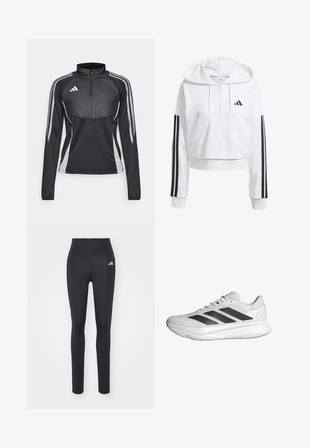 White, cropped hoodie with a front pocket, black three-stripe detailing on sleeves, and a small black logo on the chest. Soft fabric.; Black athletic quarter-zip long sleeve top with gray accents and three stripes on each arm, featuring a sporty design and structured seams.; Black athletic leggings made of stretchy fabric, featuring a high waistband and a white brand logo on the left hip.; White athletic shoe with a breathable mesh upper, three black stripes, lightweight sole, and textured accents on the heel for support.
