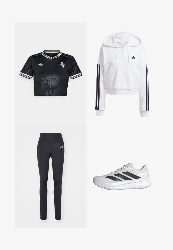Bijela, skraćena kutija s kapuljačom, prednjim džepom, crnom trostrukom prugom na rukavima i malim crnim logotipom na prsima. Mekani materijal.; Crna kratka majica od dzersija s reljefnim cvjetnim uzorkom, tri pruge na rukavima, izvezeni logotip i kontrastni zeleni i bijeli ovratnik.; Crne atletske tajice izrađene od rastezljivog materijala, s visokim pojasom i bijelim logotipom brenda na lijevoj bok.; Bijela atletik cipele s prozračnom mrežastom gornjištu, tri crne pruge, laganom potplatu i teksturiranim detaljima na peti za podršku.