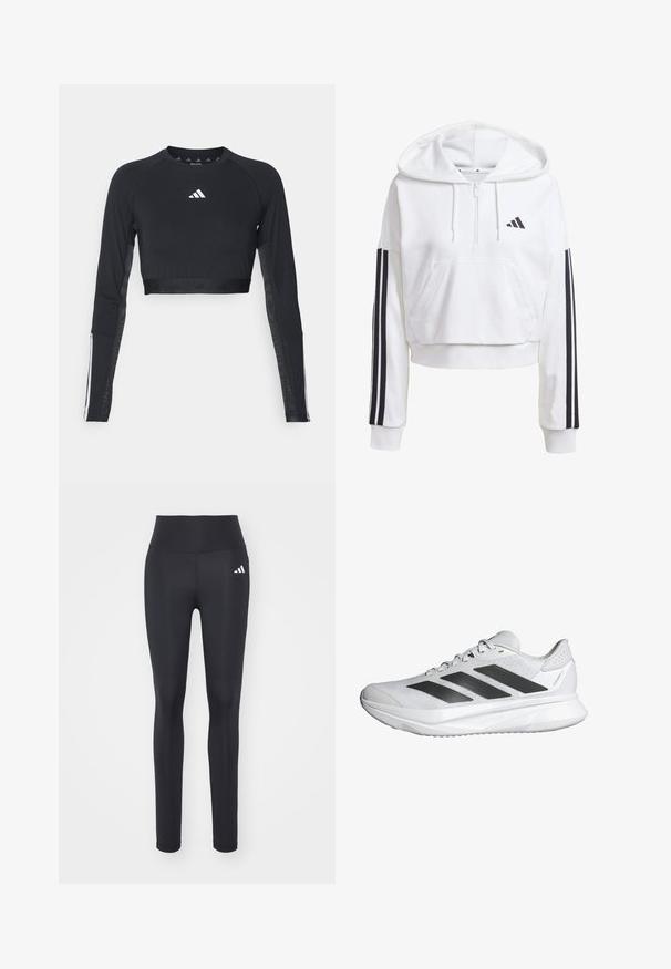 Weißer, verkürzter Hoodie mit einer Fronttasche, schwarzer Dreistreifen-Akzentierung an den Ärmeln und einem kleinen schwarzen Logo auf der Brust. Weicher Stoff.; Schwarzes, verkürztes Langarm-Workout-Oberteil aus glattem Material. Mit einem weißen Logo auf der Brust und gestreiften Akzenten an den Ärmeln.; Schwarze Sportleggins aus dehnbarem Material mit hohem Bund und einem weißen Markenlogo auf der linken Hüfte.; Weißer Sportschuh mit einem atmungsaktiven Mesh-Obermaterial, drei schwarzen Streifen, leichtem Sohlen und strukturierten Akzenten an der Ferse zur Unterstützung.