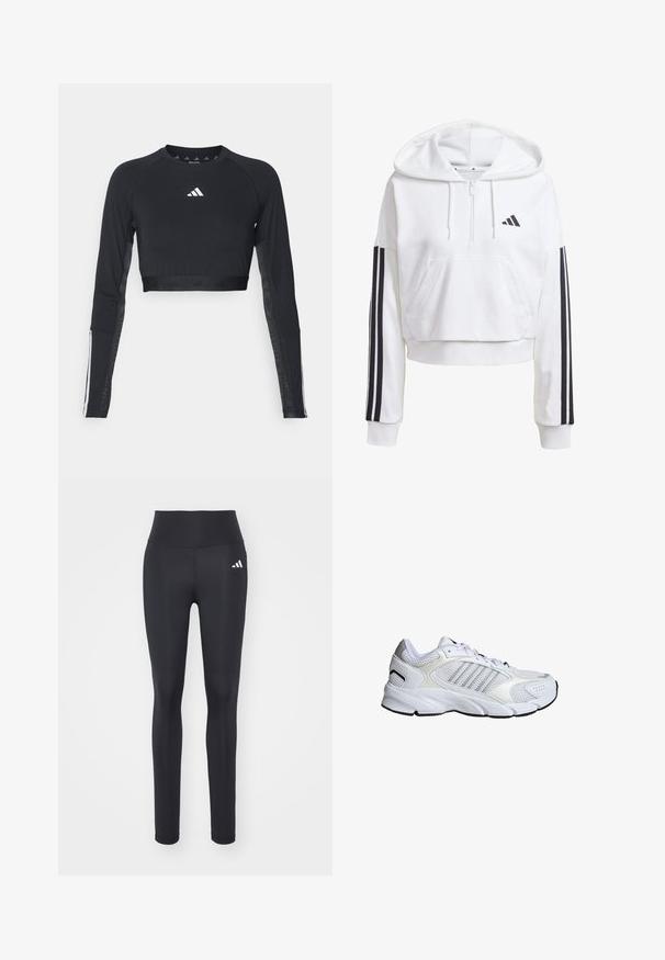 White, cropped hoodie with a front pocket, black three-stripe detailing on sleeves, and a small black logo on the chest. Soft fabric.; Black cropped long-sleeve workout top made of smooth fabric. Features a white logo on the chest and striped accents on the sleeves.; Black athletic leggings made of stretchy fabric, featuring a high waistband and a white brand logo on the left hip.; White athletic shoe featuring breathable mesh and synthetic materials, three silver stripes, textured rubber sole, and padded collar.