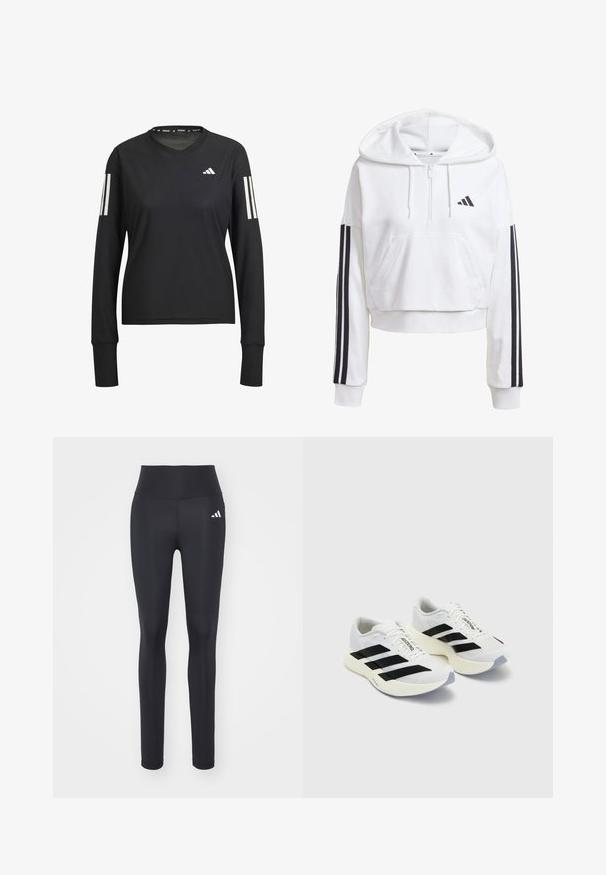 Sudadera blanca corta con bolsillo frontal, detalles de tres rayas negras en las mangas y un pequeño logo negro en el pecho. Tejido suave.; Camiseta deportiva negra de manga larga con cuello redondo, hecha de un tejido ligero. Presenta tres franjas blancas en cada manga y un logo.; Leggings deportivos negros hechos de una tela elástica, con una cintura alta y un logo de la marca en blanco en la cadera izquierda.; Zapatillas deportivas blancas con rayas y logotipo en negro, que cuentan con una parte superior de malla, puntera redondeada y una suela gruesa color crema para mayor amortiguación.