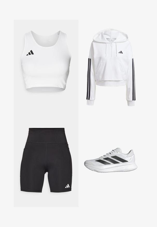 Witte, korte hoodie met een voorkennis, zwarte drie-streepdetails op de mouwen en een klein zwart logo op de borst. Zachte stof.; Witte sport crop top gemaakt van een gladde stof, met een ronde halslijn en een zwart logo-accent aan de linkerkant.; Zwarte sportieve shorts van rekbaar materiaal. Hoge tailleband, van gemiddelde dijlengte, met een witte driekleurige logo op de linkeronderzijde.; Witte sportieve schoen met een ademende mesh bovenkant, drie zwarte strepen, een lichte zool en gestructureerde accenten op de hiel voor ondersteuning.