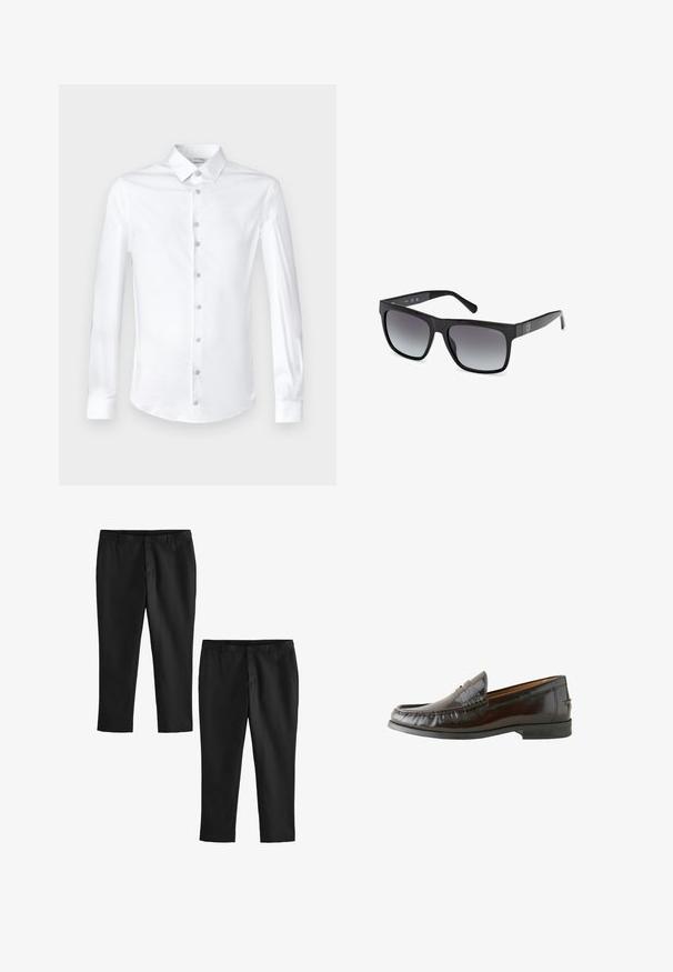 Beige pletený svetr s polozipem, dlouhými rukávy a žebrovanými manžetami a lemem, položený na bílé ploše.; Bílá košile s dlouhým rukávem vyrobená z hladkého bavlněného materiálu, s klasickým límečkem a zapínáním na knoflíky, všechno v laděné barvě.; Černé střihové kalhoty s hladkým povrchem, s rovnými nohavicemi a středním pasem. Zobrazeny jsou dvě varianty, jedna zkrácená.; Hnědé kožené mokasíny s hladkým povrchem, šitím, nízkým podpatkem a zaoblenou špičkou. Podešev je z černé gumy pro lepší trakci.; Guess Sluneční brýle - glossy black smoke gray