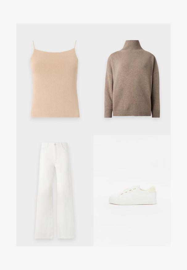 Brown knitted turtleneck sweater with long sleeves and ribbed cuffs and hem, displayed on a white background.; Beige knitted camisole with thin straps, featuring a fitted design and textured fabric, ideal for layering or casual wear.; White, high-waisted wide-leg jeans made of denim. Features a button closure, two front pockets, and side seams with stitching details.; White sneaker with a canvas upper, round toe, and flat rubber sole. Features gold eyelets and a light beige heel accent.