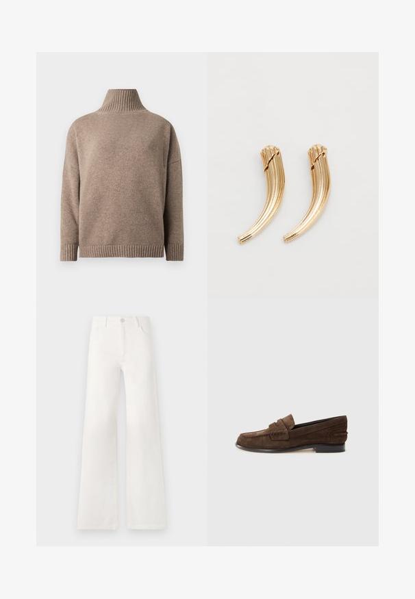 Bruine gebreide coltrui met lange mouwen en geribde boorden en zoom, weergegeven op een witte achtergrond.; Witte, hoogwaist, wijde jeans van denim. Heeft een knoopsluiting, twee voorkruiszakken en zijnaadstiksel details.; Bruine suède instappers met een lage hak, voorzien van een gestikt schortontwerp en een gladde binnenvoering. Zijkanten voegen textuur toe.; Gouden metalen haarclips met een gebogen, grooved ontwerp. Gladde textuur met een gepolijste afwerking en afgeronde punten. Twee stukken getoond.
