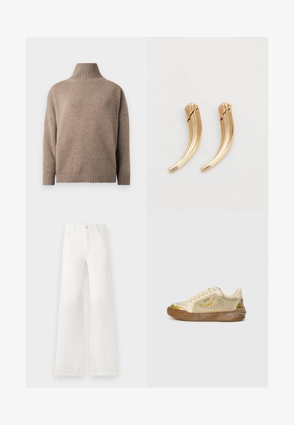 Brown knitted turtleneck sweater with long sleeves and ribbed cuffs and hem, displayed on a white background.; White, high-waisted wide-leg jeans made of denim. Features a button closure, two front pockets, and side seams with stitching details.; Beige sneakers made of suede and rubber. Features a curved white and gold pattern on the toe and side. Rounded toe and lace-up design.; Gold-toned metal hair clips with a curved, ridged design. Smooth texture with a polished finish and rounded tips. Two pieces shown.