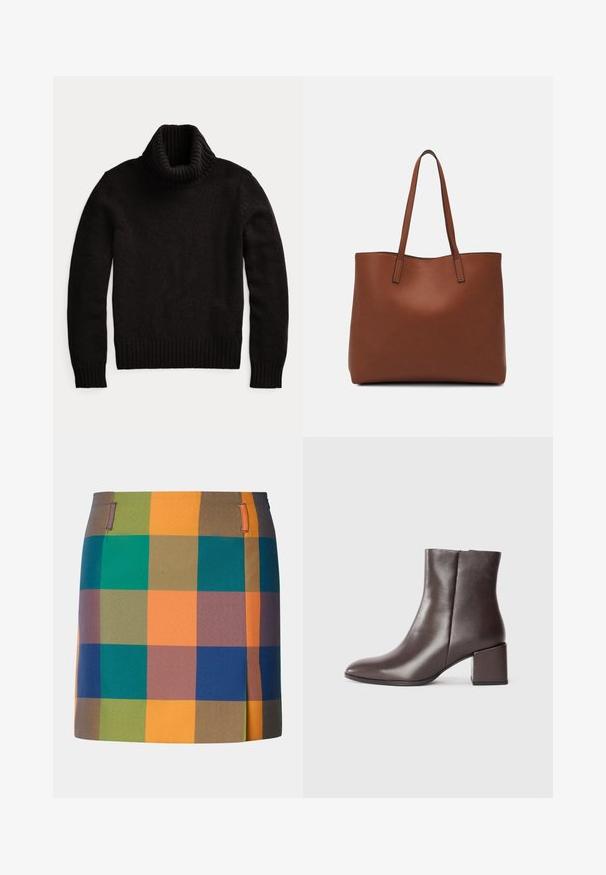 Černý rolák vyrobený z texturované pleteniny. Má vysoký, žebrovaný límec a žebrované manžety a lem pro těsný fit.; Pestrá sukně s odvážným kostkovaným vzorem obsahující oranžové, zelené, modré a hnědé čtverce. Navržena s rovný střih a bočními akcenty.; Hnědé kožené kotníkové boty s elegantním designem, špičatou špičkou a čtvercovým blokovým podpatkem. Hladká textura a minimalistická silueta.; Hnědá kožená taška přes rameno s hladkou texturou, otevřeným designem a dvěma ramenními popruhy. Obsahuje minimální švy a žádné viditelné kovové prvky.