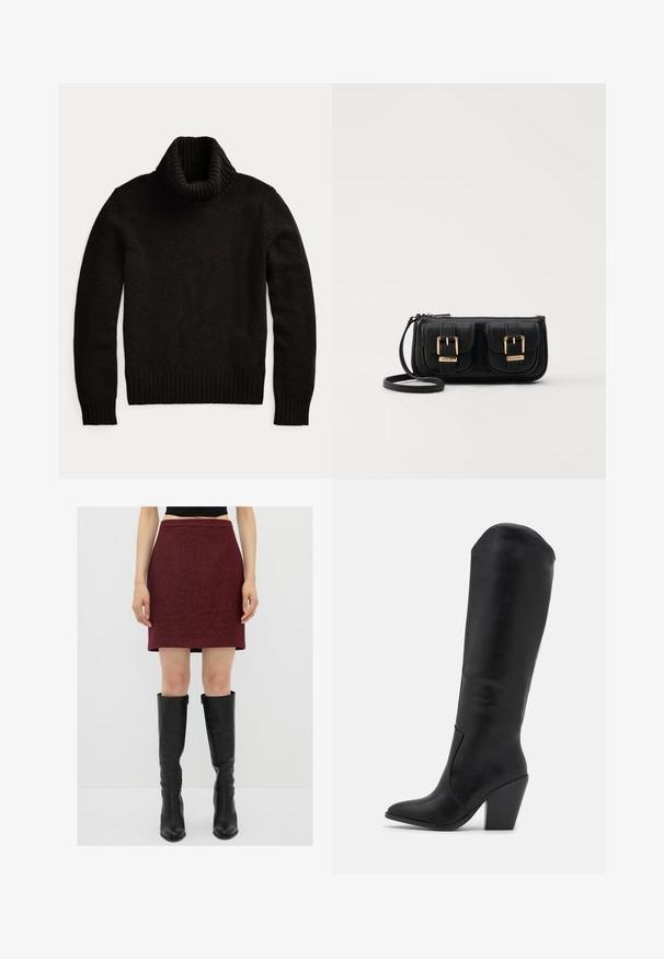 Schwarzer Rollkragenpullover aus strukturiertem Strickstoff. Mit einem hohen, gerippten Kragen sowie gerippten Säumen und Bündchen für einen figurschmeichelnden Sitz.; adL Minirock - claret red; RAID LAKELYN - High Heel Stiefel - black; Schwarze Leder-Umhängetasche mit zwei vorderen Taschen, goldenen Schnallen, Reißverschluss und einem schmalen Tragegurt. Texturierte Oberfläche und kompakte rechteckige Form.