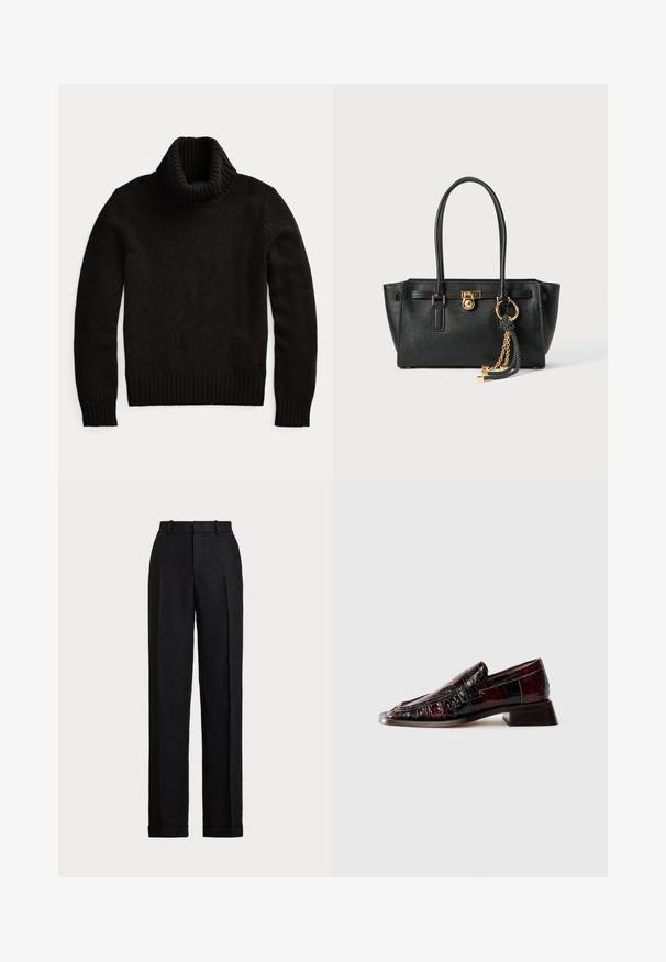 Juodas megztinis su aukštu kaklu, pagamintas iš tekstūrinio mezgimo audinio. turi aukštą, raštuotą apykaklę ir raštuotus rankogalius bei apatinę dalį, užtikrinančius artimą prigludimą.; Juodos lininės kelnes, aukštu juosmeniu. Turi tiesią koją, spaustas raukšles ir atvartus apatine dalimi. Nėra matomų kišenių ar užsegimų.; Tamsiai raudonos, blizgios odos loafers tipo bateliai su tekstūruotu paviršiumi, žemu blokuotu kulniuku ir klasikiniais pinigų juostos akcentais, rodomi šone.; Juoda odinė rankinė su dviem rankenomis, auksiniu užraktu ir grandinėlės detale, bei juodai baltu kutu prieš baltą foną.