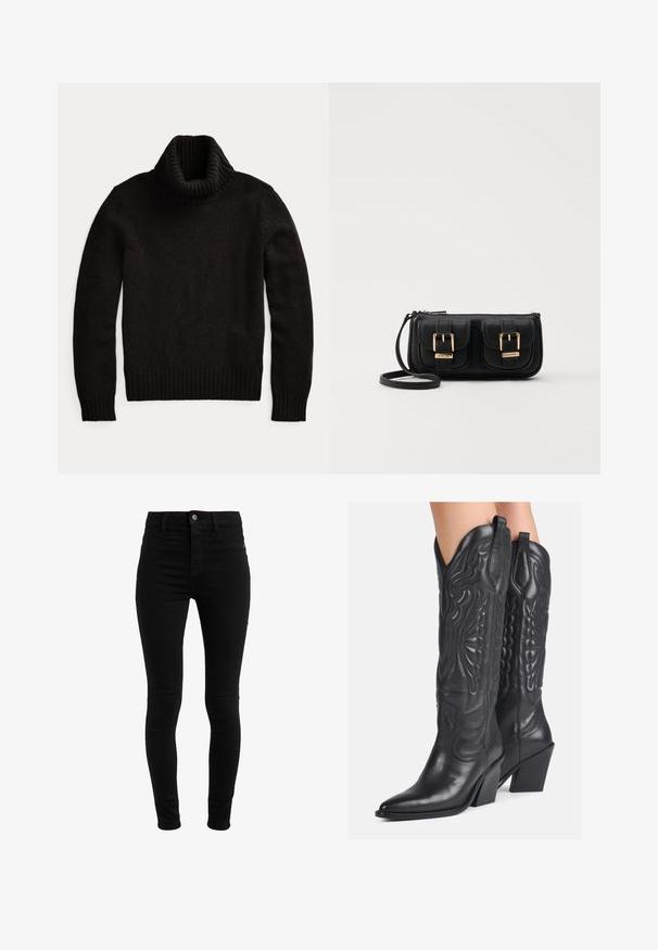 Černý rolák vyrobený z texturované pleteniny. Má vysoký, žebrovaný límec a žebrované manžety a lem pro těsný fit.; Černé úzké džíny vyrobené z denimu, s vysokým pasem, pěti kapsami a zapínáním na knoflík. Hladký povrch, bez viditelných vzorů.; Černé kožené kovbojské boty s komplikovanými vyraženými vzory, špičatou špičkou a silným podpatkem. Obsahují vyšívané detaily a poutka na tažení.; Černá kožená crossbody taška se dvěma předními kapsami, zlatými přezkami, zipovým uzávěrem a štíhlým popruhem. Texturovaný povrch a kompaktní obdélníkový tvar.