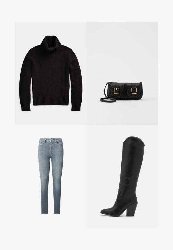Melnā augsta kakla džemperis, izgatavots no teksturēta trikotāžas auduma. Iezīmē augstu ribotu apkakli un ribotas aproces un apakšmalu, nodrošinot ciešu piegulšanu.; Slim fit džinsi, izgatavoti no mīksta, gaiši zila denima. Iespējas: piecas kabatas, rāvējslēdzēja aizdare un jostas cilpiņas, ar gludu tekstūru un minimālu izbalēšanu.; RAID LAKELYN - Augstpapēžu zābaki - black; Melnas ādas crossbody soma ar divām priekšējām kabatām, zelta sprādzēm, ar rāvējslēdzēju aizdari un šauru siksnu. Strukturēta virsma un kompakta taisnstūra forma.