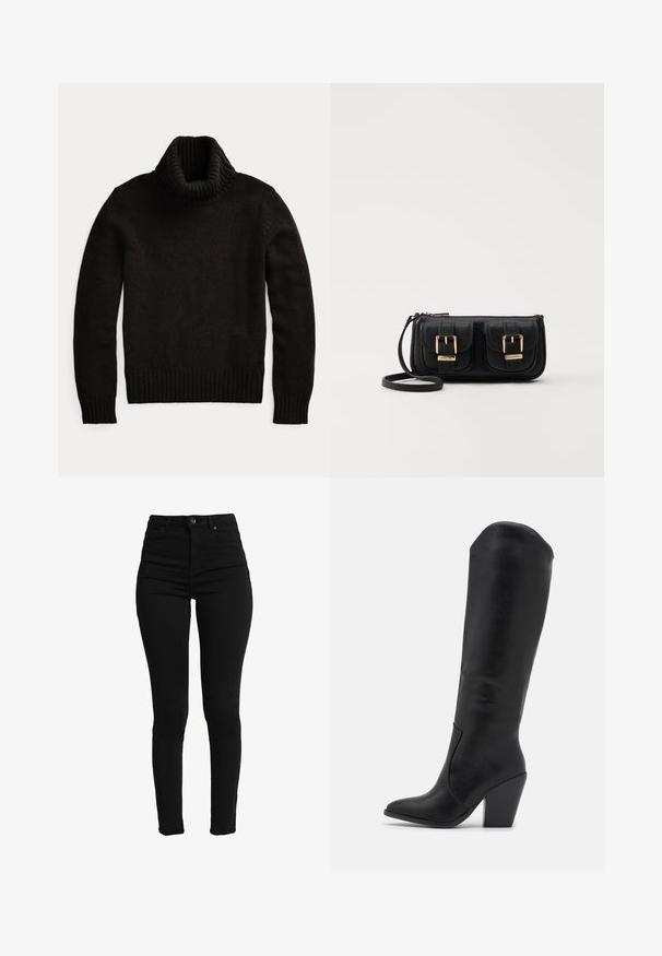 Black turtleneck sweater made of textured knit fabric. Features a high, ribbed collar and ribbed cuffs and hem for a snug fit.; Black high-waisted skinny jeans made of stretch denim, featuring a front button, zip fly, and five pockets for functionality.; RAID LAKELYN - High heeled boots - black; Black leather crossbody bag with two front pockets, gold buckles, zipper closure, and a slim strap. Textured surface and compact rectangular shape.
