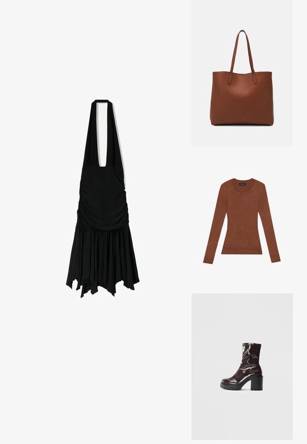 Hnedý rebrovaný sveter s dlhými rukávmi a okrúhlym výstrihom. Vyrobený z jemného materiálu. Má priliehavý strih a bezšvový finiš.; Čierne šaty s halter krkom, riaseným telom a rozšíreným lemom. Vyrobené z mäkkého materiálu, s nerovnými, plynulými okrajmi.; Lesklé burgundské kotníkové boty s robustním černým podpatkem, s hladkou strukturou a jednoduchým designem. Bez viditelných zapínání nebo vzorů.; Hnedá kožená taška na rameno s hladkou textúrou, otvoreným vrchom a dvoma ramenými popruhmi. Má minimálne šitia a žiadne viditeľné kovania.