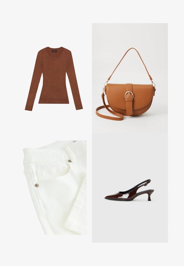 Ribota ruda megztinis su ilgomis rankovėmis ir apvaliu kaklu. Pagamintas iš minkštos medžiagos. Turi prigludusią formą ir be siūlių apdailą.; Balti džinsai su lygiu paviršiumi, turintys dvigubai siūtą liemens juostą, priekinėmis kišenėmis ir metaliniais apdailos elementais.; Rudos lakuoti odiniai slingback batai su smailiu pirštu ir vidutinio aukščio kulnu. Yra sagties dirželis, užtikrinantis tvirtą prigludimą. Lygus paviršius.; Ruda odinė kryžminė rankinė, turinti kreivą formą, auksinius metalinius elementus ir sagtį. Yra nuimama petneša.