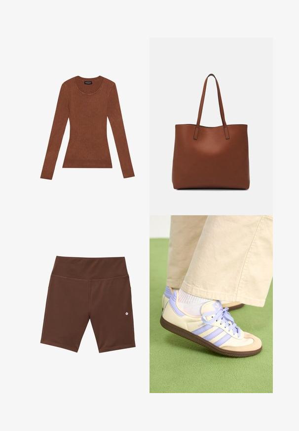 Suéter marrón de canalé con mangas largas y escote redondo. Fabricado en material suave. Presenta una forma ajustada y un acabado sin costuras.; Pantalones cortos deportivos marrones con una cintura alta, costuras planas y un pequeño logotipo blanco en la parte inferior izquierda. Hechos de un material elástico que absorbe la humedad.; Zapatillas de crema y lavanda con tres rayas y una suela marrón texturizada, que cuentan con cordones y un talón acolchado. Parte superior de tela suave.; Bolso tote de cuero marrón con una textura suave, diseño de apertura superior y dos correas para el hombro. Presenta una costura mínima y sin herrajes visibles.