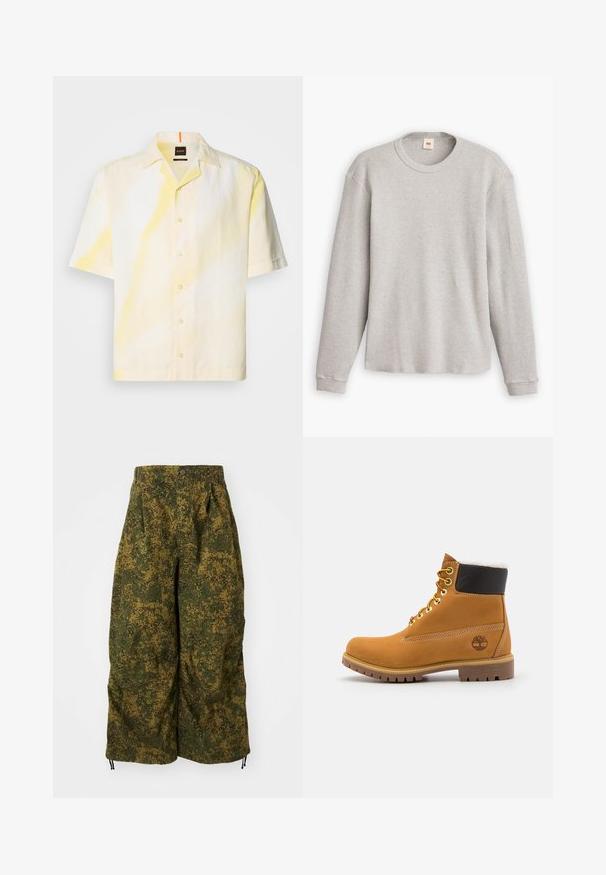 Grijze lange mouwen trui van gebreid materiaal met een geribbeld patroon, ronde halslijn en rechte zoom. De manchetten zijn aansluitend en gemaakt van zachte stof.; Korte mouwen shirt van lichte stof, met een geel-witte tie-dye patroon, een knoopsluiting aan de voorkant en een camp kraag.; Wijdvallende broek met groene en bruine pixelachtige camouflageprint, knoopsluiting en trekkoorden aan de onderkant.; Bruine leren enkellaars met metalen oogjes, witte faux bont voering, zwarte gewatteerde kraag, robuuste zool en een reliëflogo aan de zijkant.