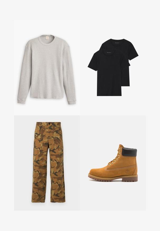 Grauer langärmliger Strickpullover mit gerippter Textur, Rundhalsausschnitt und gerader Saum. Die Ärmelabschlüsse sind enganliegend und aus weichem Stoff gefertigt.; Zwei schwarze Baumwoll-T-Shirts mit kurzen Ärmeln, runden Ausschnitten und einer glatten Textur, übereinander gestapelt.; Cargohosen mit Camouflage-Muster in Brauntönen und Grüntönen, aus leichtem Stoff gefertigt, mit vier Taschen und einem Knopfverschluss.; Beige Wildleder-Ankle-Boot mit schwarzem gepolstertem Kragen, goldenen Metallösen, weißen Nähdetalben und einer robusten Gummisohle mit ausgeprägtem Profil.