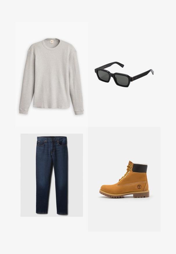 Sivi džemper dugih rukava pleten s rebrastim uzorkom, okruglog izreza i ravnog ruba. Rukavi su uski, napravljeni od mekanog materijala.; Tamno plave uske traperice s blagim izblješnjem na prednjoj strani bedara, bakrenim zakovicama i klasičnim pet džepovima, položene ravno na bijeloj podlozi.; Smeđi kožni gležnjača sa metalnim okovima, bijelim krznom obloženim unutrašnjim dijelom, crnim podstavljenim okovratnikom, robusnom potplatom i utisnutim logoom na strani.; Crne, četvrtaste sunčane naočale s sivim lećama. Debeli plastični okviri imaju zlatne naglaske i brendiranje na sljepoočnicama. Glatka tekstura.