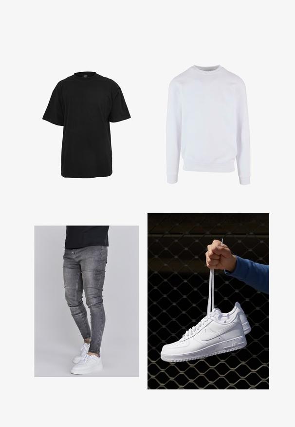Fehér pulóver kerek nyakkivágással, bordázott mandzsettákkal és aljjal, egyszerű dizájnnal. Puha, könnyű anyagból készült.; Fekete pamut póló, laza fit, rövid ujjú, kerek nyakkivágással és sima, egyenletes textúrával. Nincsenek látható logók vagy minták.; Fakó szürke farmerből készült skinny farmernadrág, térdén kopott részletekkel, fehér sportcipővel párosítva. Simább anyag, karcsú szabás.; Fehér bőr sportcipők perforációval, kerek orral, lapos talppal és vastag fűzőkkel, látható swoosh logóval és "AIR" felirattal a sarokrészen.