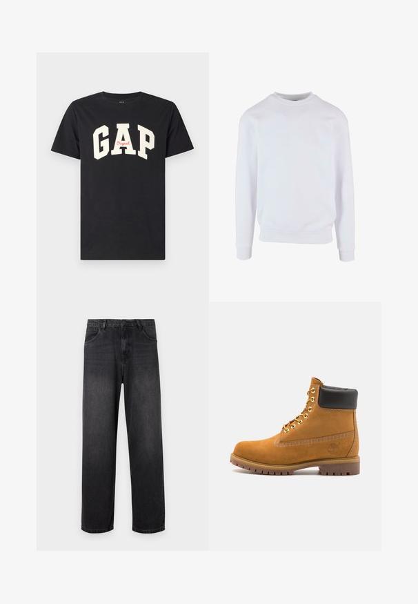 Hvid sweatshirt med rund halsudskæring, ribbede manchetter og kant, samt et enkelt design. Fremstillet af blød, letvægtsstof.; Sort bomulds t-shirt med fede, hvide bogstaver der staver "GAP" og ordet "Original" i rødt nedenunder. Klassisk crew neck design.; Mørkegrå denim jeans med lige ben, der har lynlås i gylpen, fem lommer og diskrete falmende detaljer på stoffet.; Tan nubuck ankelstøvle med sort polstret krave, gyldne metaløjer, hvid syning detaljer og robust gummisål med udtalte slidbaner.