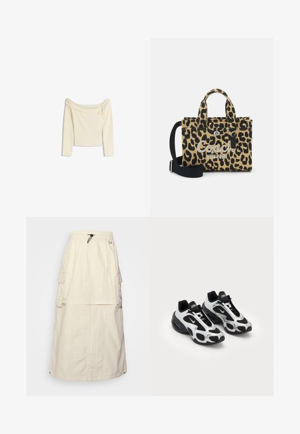 Top bez ramínek s dlouhým rukávem v krémové barvě, vyrobený z měkké, pružné tkaniny s mírně zkráceným střihem a žebrovaným výstřihem.; Krémová dlouhá cargo sukně vyrobená z lehké tkaniny, s elastickým pasem na stahování, bočními kapsami a jemnou texturou.; Černé a stříbrné sportovní boty se svrchním materiálem z mřížkované a syntetické tkaniny, vykazující charakteristický vlnitý design a polstrovaný límec, s vzduchovým polštářem v podrážce.; Kabelka s leopardím potiskem vyrobená z plátna. Vlastnosti zahrnují dvojité horní ucha, odnímatelný černý popruh a stříbrné kovové doplňky včetně přívěsku na klíče.