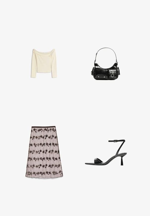 Schulterfreies, langärmliges Oberteil in Creme, aus weichem, dehnbarem Stoff mit einem leicht verkürzten Schnitt und geripptem Ausschnitt.; Spitzen-Midi-Rock in hellrosa mit floralen Mustern in Dunkelbraun und Bronze, verziert mit Pailletten und einem glatten Bund.; Bershka High Heel Sandalette - black; Schwarze Lackleder-Handtasche mit geschwungenem Design, einem Schulterriemen, Vordertaschen und silberfarbenen Hardware-Akzenten.