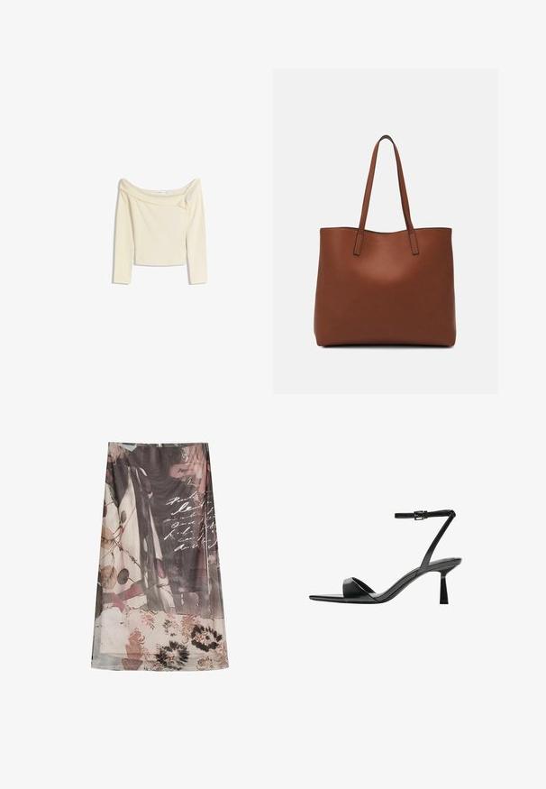 Off-the-shoulder, long-sleeve top in cream, made of soft, stretchy fabric with a slightly cropped design and ribbed neckline.; Sheer scarf featuring a floral and abstract pattern in muted tones of pink, green, and brown with handwritten text accents.; Bershka High heeled sandals - black; Brown leather tote bag with a smooth texture, open top design, and two shoulder straps. Features minimal stitching and no visible hardware.