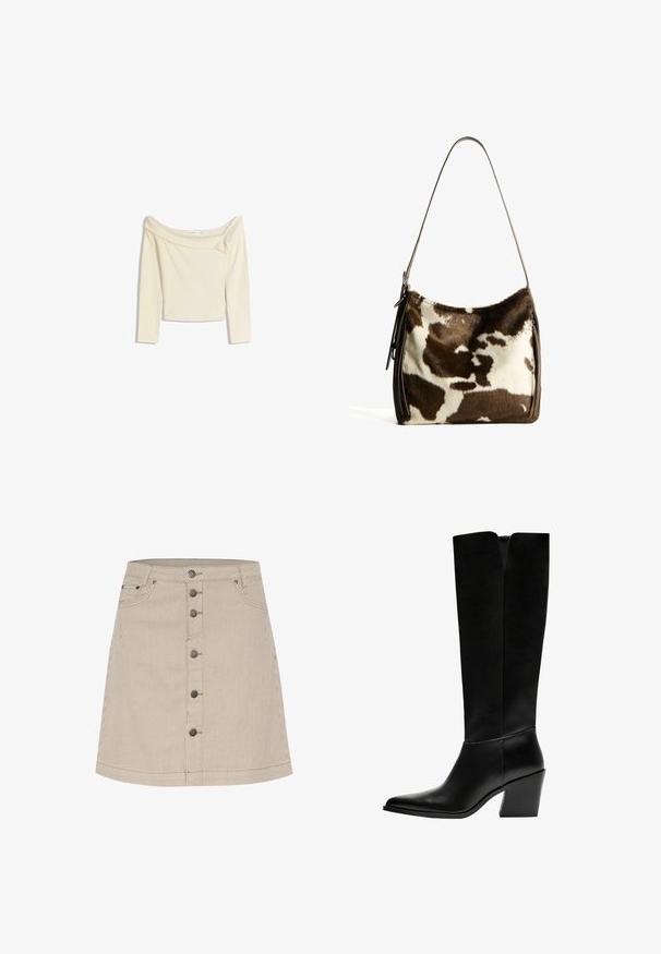 Off-the-shoulder, lange mouwen top in crème, gemaakt van een zachte, elastische stof met een licht cropped ontwerp en geribbelde halslijn.; Beige gestreepte denim rok met een uitlopende vorm, voorzien van een sluiting met knopen aan de voorkant, twee zijzakken en subtiele stikdetails.; Zwarte laarzen tot de knie van soepel leer, met een puntige neus, een blokhak en een V-vormige uitsparing aan de bovenkant.; Bruine en crèmekleurige koeienhuid schoudertas met een gladde leren band, ritssluiting en een zachte, tekstuursurface met een natuurlijk patroon.