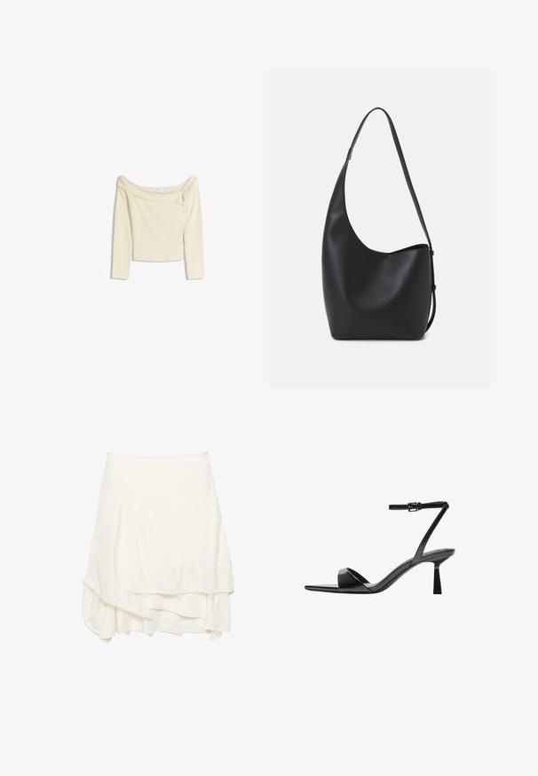 Tops s širokimi rameni in dolgimi rokavi v kremni barvi, izdelan iz mehkega, raztegljivega materiala s nekoliko skrajšano zasnovo in rebrastim izrezom.; Bela povojna krila s plastastim dizajnom, ki vključuje teksturirane čipkaste detajle ob robu, mehko blago in tekočo silhueto.; Bershka Sandali z visoko peto - black; Črna usnjena hobo torba z gladko teksturo, ukrivljeno obliko in eno nastavljivo naramnico; ima širok odprtina na vrhu.