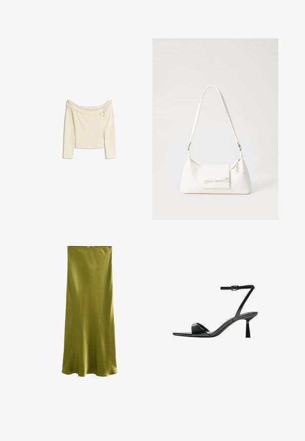 Off-the-shoulder, langærmet top i creme, lavet af blødt, strækbart stof med en let cropped design og ribbet halsudskæring.; Next REGULAR FIT - Maxinederdele - khaki green; Bershka Højhælede sandaletter / Højhælede sandaler - black; Hvid syntetisk håndtaske med en trekantet form, flad forsideklap og sløjfedetalje, justerbar strop, glat tekstur og minimalistisk design.