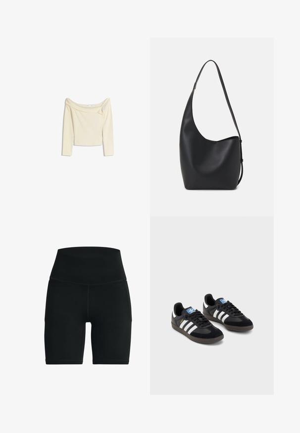 Off-the-shoulder, lange mouwen top in crème, gemaakt van een zachte, elastische stof met een licht cropped ontwerp en geribbelde halslijn.; Zwarte high-waisted fietsbroekjes gemaakt van rekbaar materiaal. Het heeft een gladde textuur en versterkte stiksels langs de naden.; Zwarte sneakers met een bovenwerk van suède en synthetisch materiaal, voorzien van drie witte strepen, een gestructureerde rubberen zool en een blauw logo-label op de tong.; Zwarte leren hobo tas met een gladde textuur, kromme vorm en een enkele verstelbare schouderband; heeft een brede opening aan de bovenkant.