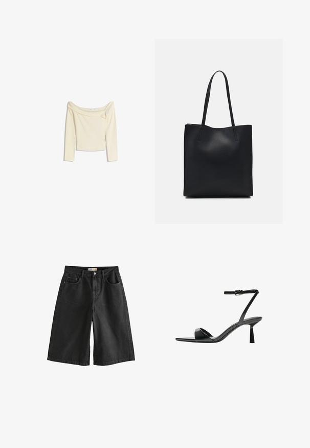 Top à manches longues, à épaules dénudées en crème, fabriqué dans un tissu doux et extensible, avec un design légèrement court et un col côtelé.; Shorts en denim noir à coupe loose, dotés d'une fermeture à bouton, de cinq poches et d'une décoloration minimale, mettant en avant une texture robuste.; Bershka Sandales à talons hauts - black; Sac fourre-tout en cuir noir avec une texture lisse, de forme rectangulaire et deux longues poignées. Pas de matériel ou d'ornementations visibles.