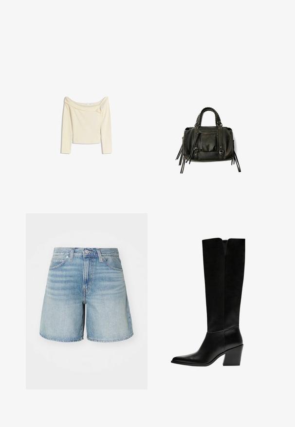 Bluză cu umerii la vedere, cu mâneci lungi, de culoare crem, fabricată dintr-un material moale și elastic, cu un design ușor scurtat și guler cu textura asemănătoare cu un côt mărginit.; Șorturi din denim bleu deschis, cu croială dreaptă, cinci buzunare, bucle pentru curea și un tiv ușor descheiat. Textură și finisaj clasic de blugi.; Cizme negre până la genunchi, fabricate din piele netedă, cu vârf ascuțit, toc pătrat și o decupare în formă de V în partea de sus.; Geantă din piele neagră, cu mânere împletite, buzunar cu fermoar și ciucuri suspendați. Suprafață texturată cu capse metalice și accente din metal.