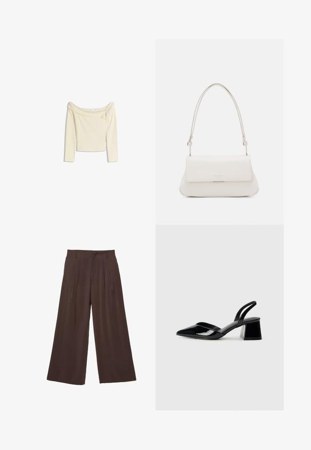Off-the-shoulder, lange mouwen top in crème, gemaakt van een zachte, elastische stof met een licht cropped ontwerp en geribbelde halslijn.; Wijde pantalons van donkerbruin materiaal, met twee plooien aan de voorkant, een gladde textuur en een eenvoudig ontwerp met riemlussen.; Zwarte gepatineerde leren slingback hakken met een spitse neus en een geometrische blokhak. Kenmerkt zich door een slank, minimalistisch ontwerp en een gladde textuur.; Witte leren schoudertas met een gevouwen klep aan de voorkant, gebogen shape en een verstelbare schouderband. Bevat een subtiel logo aan de voorkant.