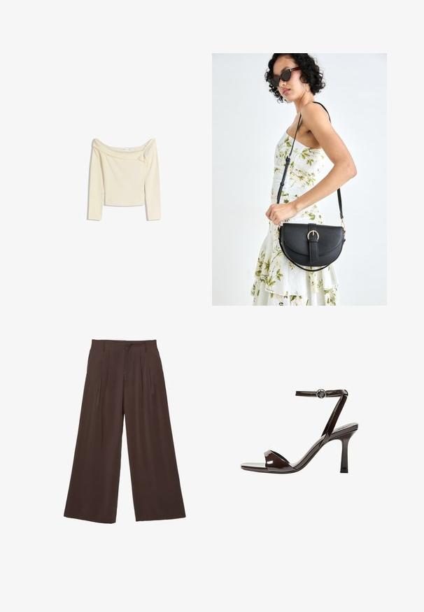 Bluză cu umerii la vedere, cu mâneci lungi, de culoare crem, fabricată dintr-un material moale și elastic, cu un design ușor scurtat și guler cu textura asemănătoare cu un côt mărginit.; Pantaloni largi dintr-o țesătură de culoare maro închis, cu două plii frontale, o textură fină și un design simplu, având bucle pentru curea.; Sandale cu toc înalt din piele lacuită maro, cu bretele la gleznă, vârf deschis și un design elegant, minimalist. Dispune de un toc pătrat.; Geantă din piele neagră, cu o formă curbată, curea detașabilă și accesorii aurii. Geanta are un capac cu un detaliu tip cataramă.